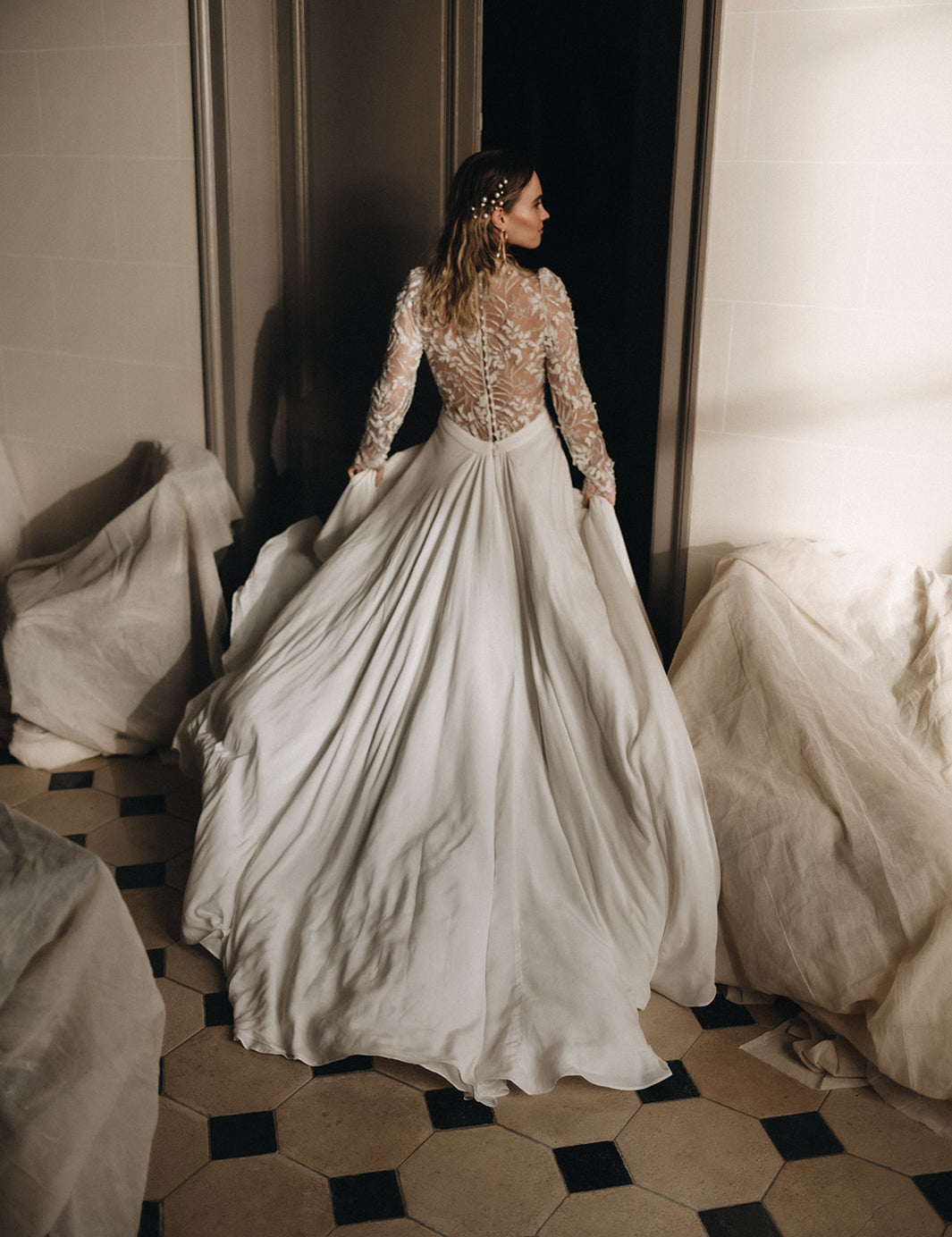 Tess romantische trouwjurk van Caroline Takvorian. 